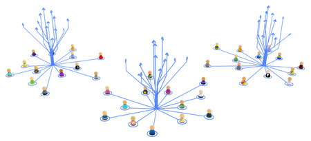 Group of small symbolic figures linked by lines, 3d illustration, isolated, horizontal