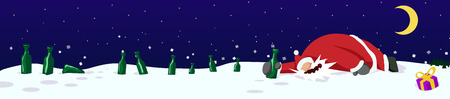 Santa Claus drunk with bottles in snow, New Year party celebration humorous cartoon banner, vector, horizontalのイラスト素材