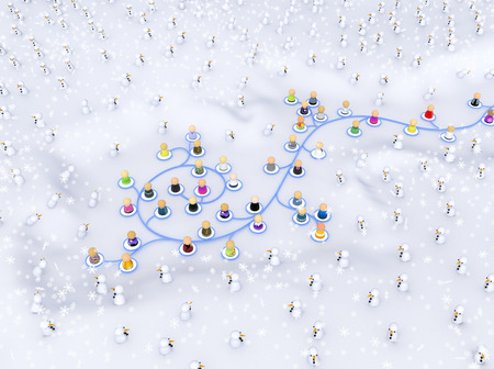 Group of small symbolic figures linked by lines, winter cold, 3d illustration, isolated, horizontal