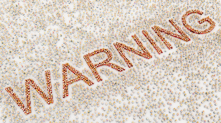 Crowd of small symbolic figures white, red warning, 3d illustration, horizontalの写真素材