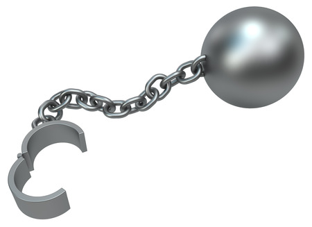 Shackles open chain with ball dark metal 3d illustration, isolated, horizontal, over whiteの写真素材