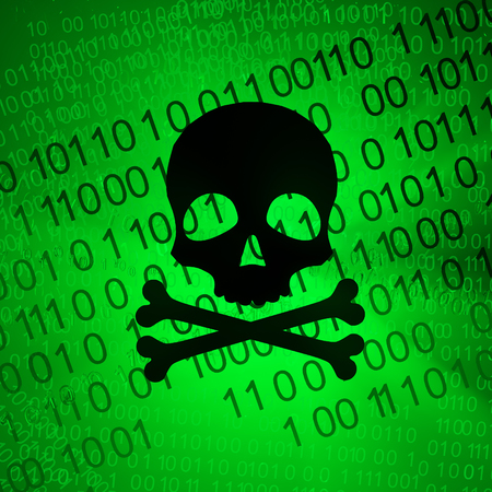 Virtual reality skull and bones symbol green abstract 3d illustration, horizontalの写真素材