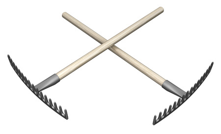 Metal rake garden tools two crossed 3d illustration, isolated, horizontal, over whiteの写真素材