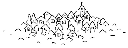 Small town stylized cartoon line drawing, horizontal, vector illustration, isolatedのイラスト素材
