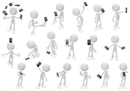 White symbolic figures action pose sequence, with smartphone, 3d illustration, horizontal, isolated