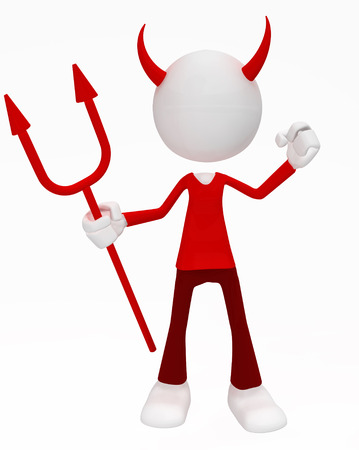 White symbolic figure standing devil costume with pitchfork, 3d illustration, verticalの写真素材