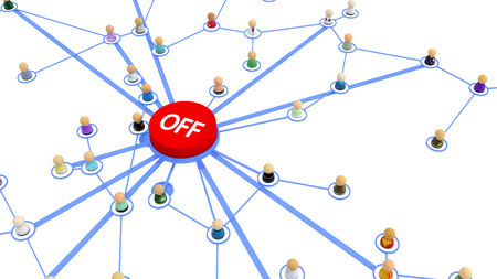 Crowd of small symbolic 3d figures linked by lines, turn off button, over white, isolated,...