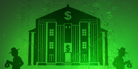 Virtual digits abstract 3d illustration, bank with shadow figures with cash, horizontalの写真素材