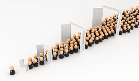 Crowd of small symbolic businessmen figures, promotion doors, 3d illustration, horizontal, over...