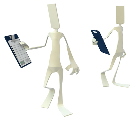 Paper man symbolic figure pose standing with clipboard, 3d illustration, horizontal, isolated
