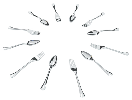 Metal spoon and fork ring isolated, 3d illustration, horizontal, over whiteの写真素材