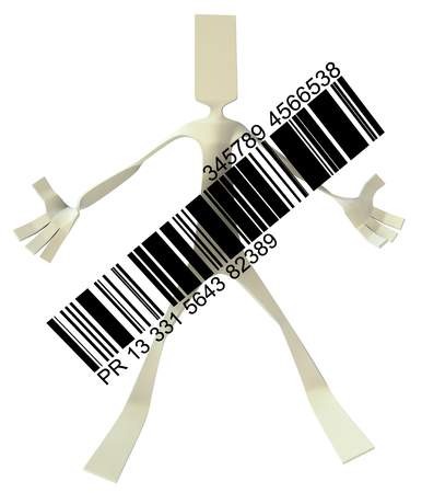 Paper man symbolic figure pose standing with bar code, 3d illustration, horizontal, isolatedの写真素材