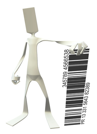 Paper man symbolic figure pose standing with bar code, 3d illustration, vertical, isolatedの写真素材