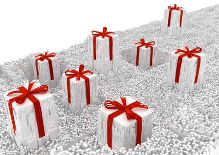 Gifts celebration holiday large surreal shredded fragments 3d illustration, white horizontal background corner isolatedの写真素材