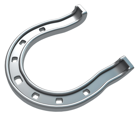 Metal horseshoe luck symbol, 3d illustration, horizontal, over white, isolatedの写真素材