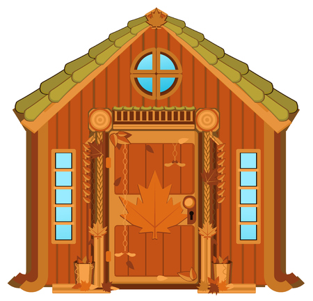 Maple leaf cabin small house wooden, vector cartoon illustration horizontal, orange brown design element, over white, isolatedのイラスト素材