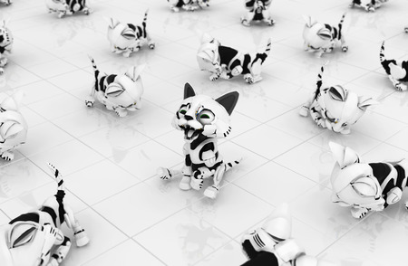 Robotic kittens white tile surface one awake yawning, 3d illustration, horizontal backgroundの写真素材
