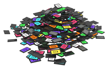 Smart phones discarded cartoon pile, 3d illustration, horizontal, over white, isolatedの写真素材