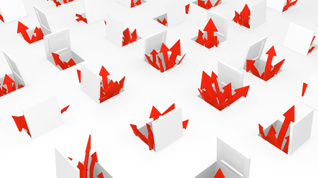 Red symbolic arrows emerging from open hatches, 3d illustration, horizontal, over whiteの写真素材