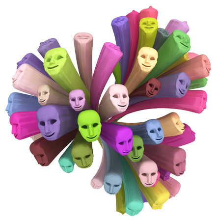Mask heads group sculpture stretching surreal many colors, 3d illustration, horizontal, isolated, over whiteの写真素材