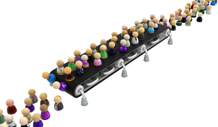 Crowd of small symbolic figures ride conveyor belt, 3d illustration, horizontal, isolated, over...