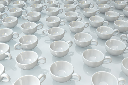 Coffee cups empty white on surface, 3d illustration, horizontalの写真素材