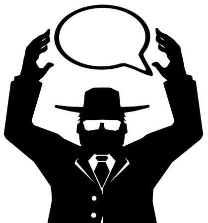 Agent figure stylized stencil black holding speech bubble, vector illustration, vertical, isolated.のイラスト素材