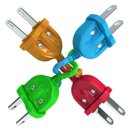 Electric power cable plugs flat crossed four short colors, 3d illustration, isolated, horizontal,...