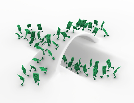 Dollar money symbol cartoon characters running over under bridge white, 3d illustration, horizontalの写真素材