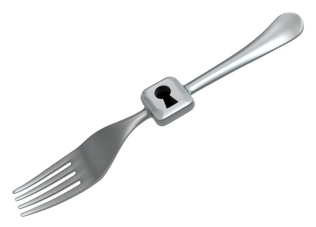 Fork with lock metal, 3d illustration, horizontal, isolated, over whiteの写真素材