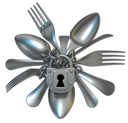 Fork and spoon cutlery chain locked, 3d illustration, horizontal, isolated, over whiteの写真素材