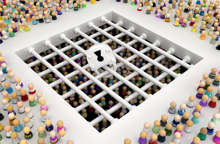 Crowd of small symbolic figures, prison bars below, 3d illustration, horizontal backgroundの写真素材