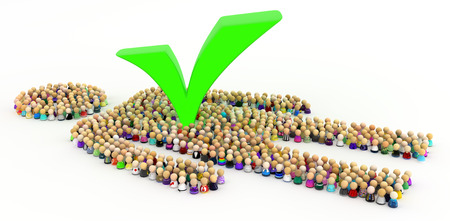 Crowd of small symbolic figures forming big person shape with green check mark, 3d illustration, horizontal, over whiteの写真素材