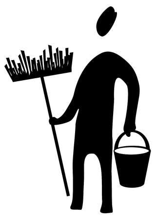 Cleaner janitor figure stencil black, vector illustration, horizontal, over white, isolatedのイラスト素材