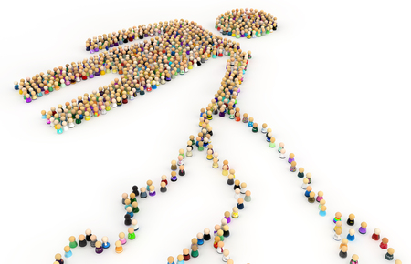 Crowd of small symbolic figures forming big person shape outreach queues, 3d illustration, horizontal, isolated, over whiteの写真素材