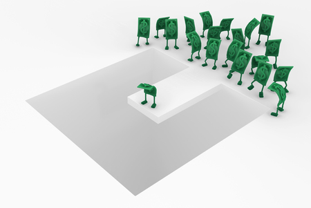 Dollar money symbol cartoon characters plank white drop, 3d illustration, horizontal, isolated, over whiteの写真素材