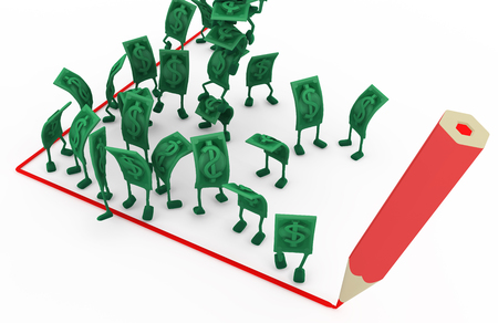 Dollar money symbol cartoon characters red line draw corner, 3d illustration, horizontal, isolated, over whiteの写真素材