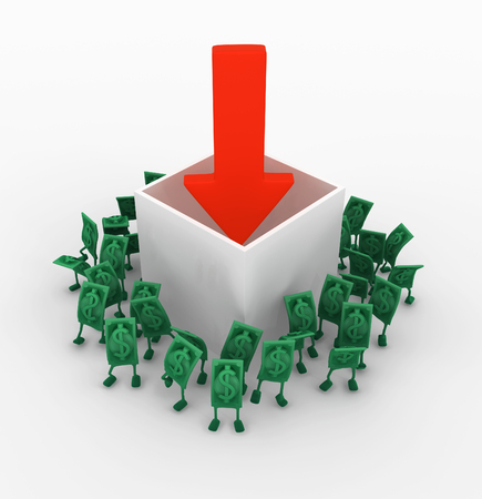 Dollar money symbol cartoon characters box download, 3d illustration, horizontal, over whiteの写真素材