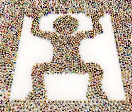 Crowd of small symbolic figures forming big person shape boxed, 3d illustration, horizontal,...