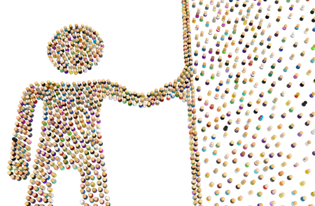 Crowd of small symbolic figures forming big person shape holding back wall, 3d illustration, horizontal, isolated, over whiteの写真素材