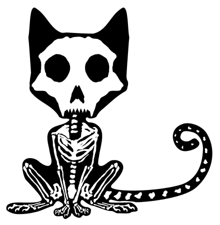 Cat skeleton animal figure, Halloween vector illustration, horizontal, inside black silhouette, isolatedのイラスト素材