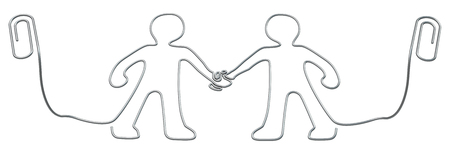 Metal paperclip figures handshake office supplies isolated, 3d illustration, horizontal, over whiteの写真素材