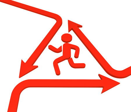 Red symbolic running figure arrow bend cycle triangle warning sign, 3d illustration, horizontal,...