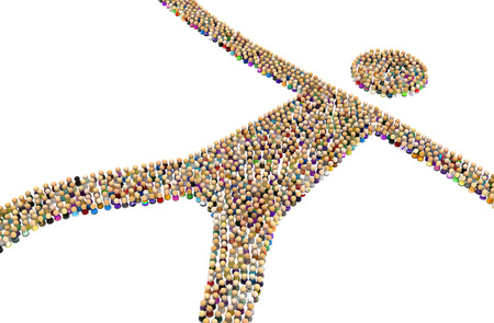 Crowd of small symbolic figures forming big person shape sides reach, 3d illustration, horizontal,...
