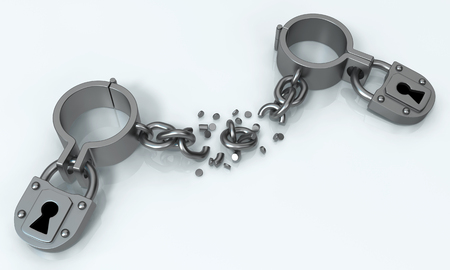 Shackles sealed broken chain, grey metal 3d illustration, isolated, horizontal, isolatedの写真素材