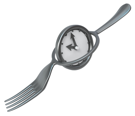 Fork metal inner time clock, 3d illustration, horizontal, isolated, over whiteの写真素材