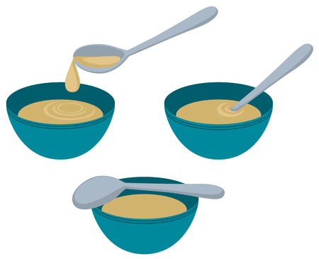 Soup bowl with spoon, vector cartoon color illustration design element horizontal, over white, isolatedのイラスト素材