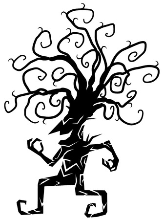 Cheery smiling walking tree cartoon character black silhouette, vector illustration, vertical, isolated, over whiteのイラスト素材