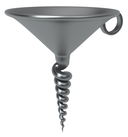 Metal funnel corkscrew end surreal abstract, 3d illustration, vertical, isolated, over whiteの写真素材