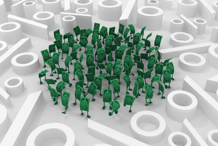 Dollar money symbol cartoon characters with percent symbols surrounded, 3d illustration, horizontal backgroundの写真素材